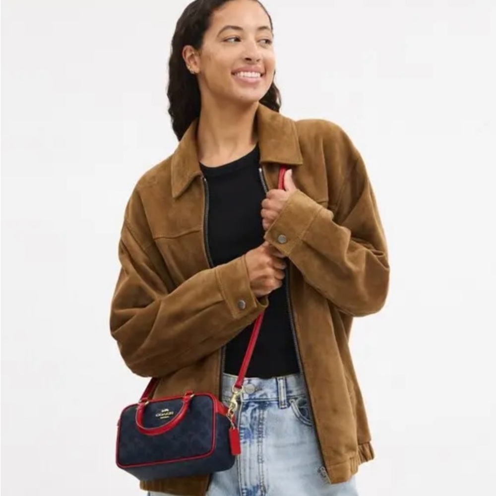 Satchel Crossbody Bag In Signature Canvas Denim/Bold Red CW197 - Picture 6 of 16